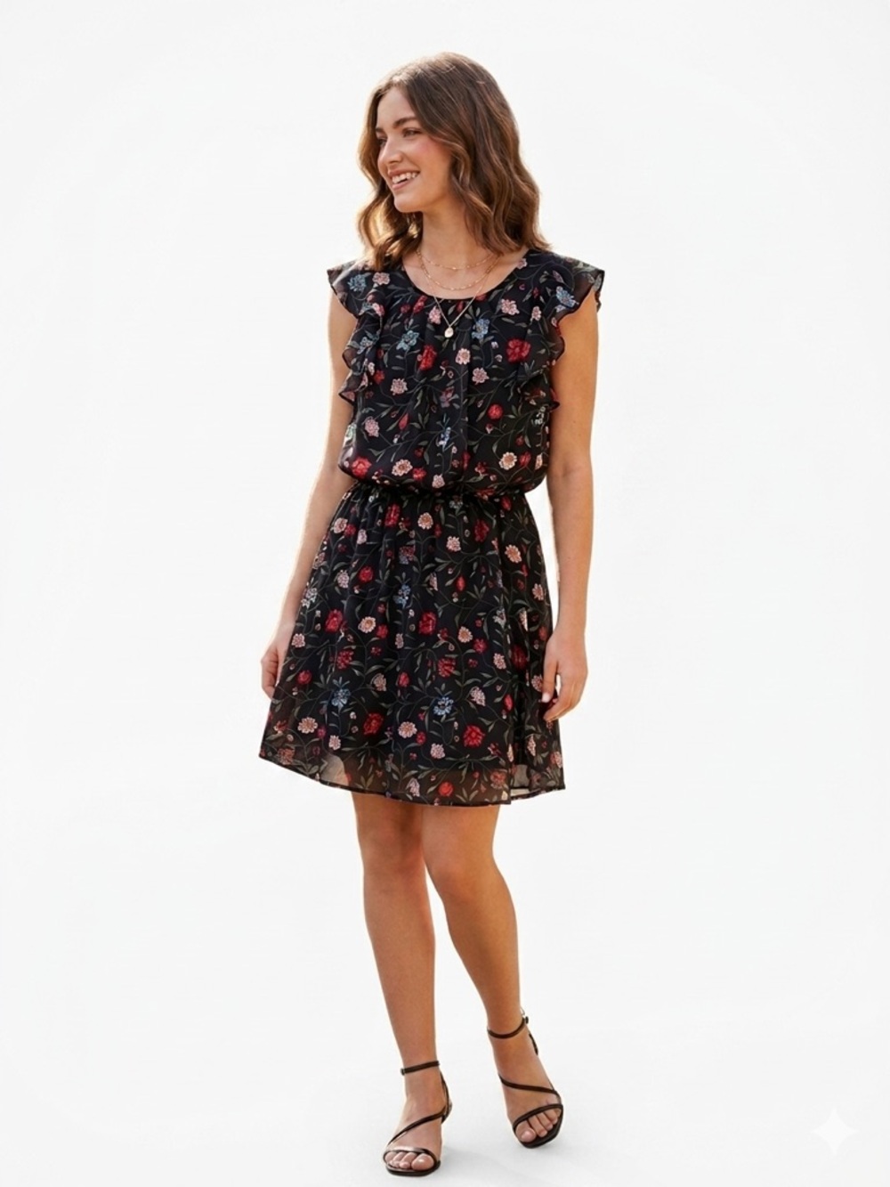 Sienna Sky Black Chiffon Ruffle Floral Elastic Waist Mini Cocktail Dress size:S